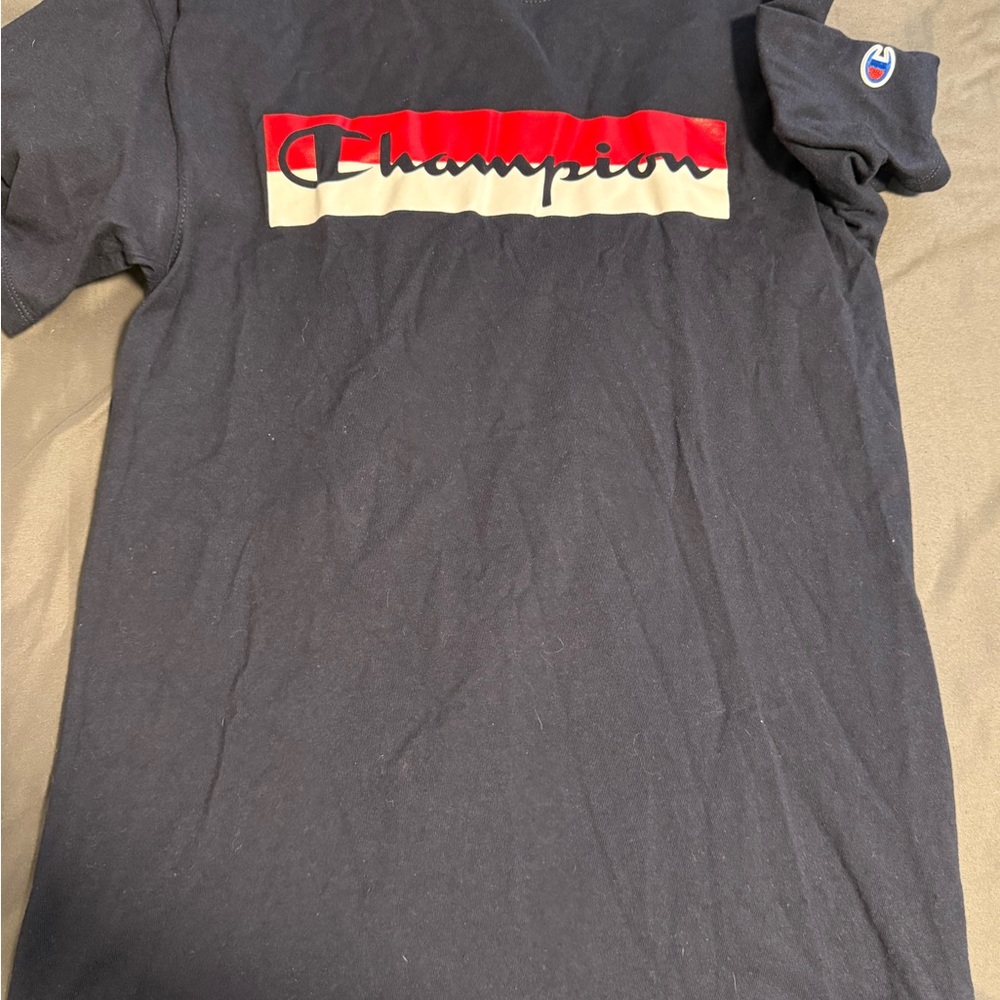 Champion Navy Tee with Red and White Logo
